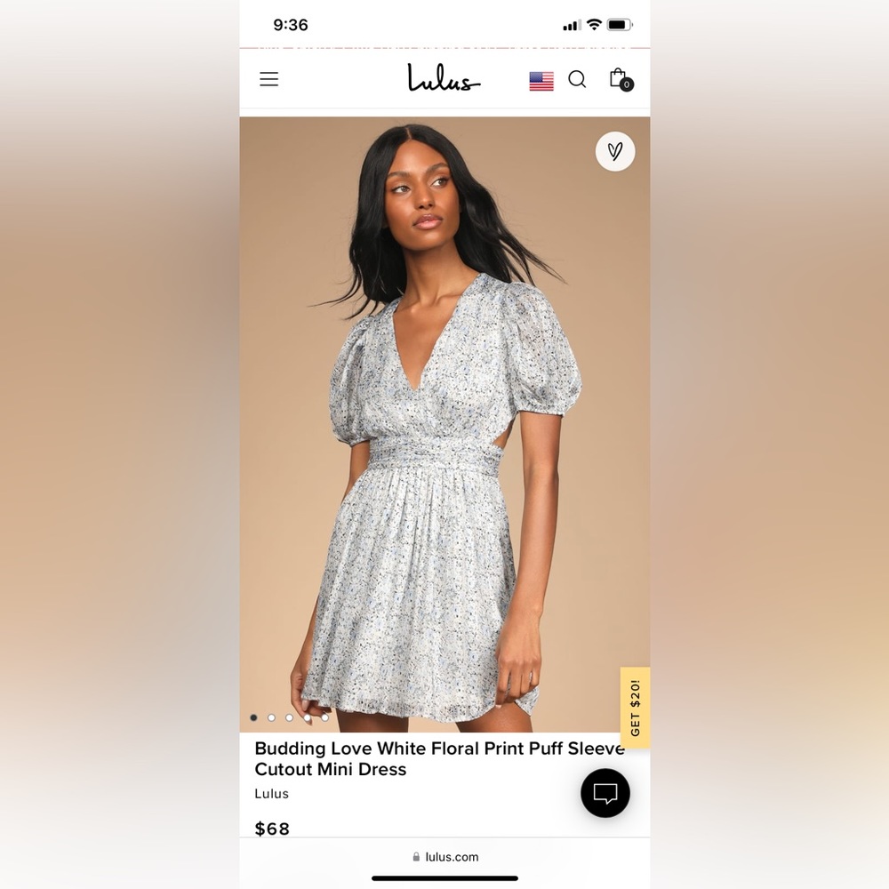 Lulu’s budding love white floral print puff sleeve cutout mini dress NWT